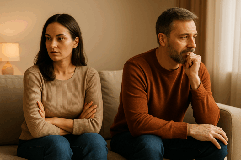 Man and woman sitting apart on a couch, symbolizing emotional disconnection — men's relational coaching in Charlotte, NC and nationwide.