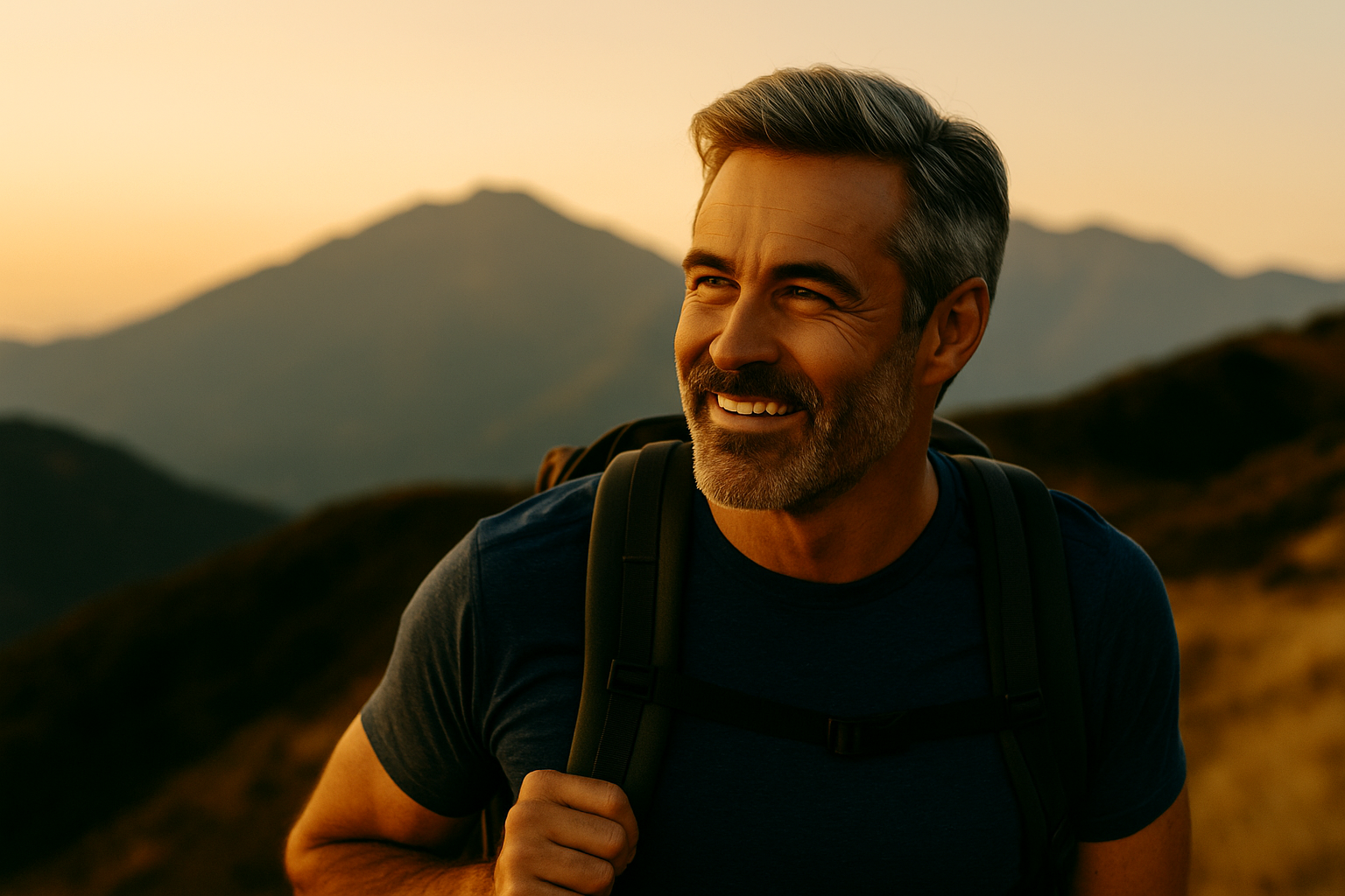 Confident middle-aged man hiking at sunrise in the mountains near Charlotte, North Carolina — symbolizing the impact of men’s coaching and personal transformation.